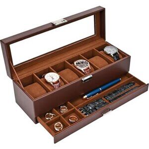 Watch Box 6 Slot Watches Display Case with Drawer Watch Case